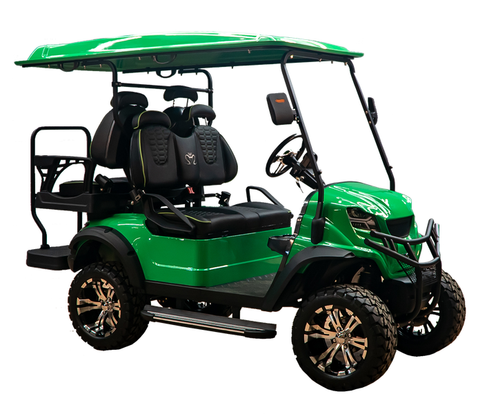 A green golf cart with black seats and gold wheels on a white background.