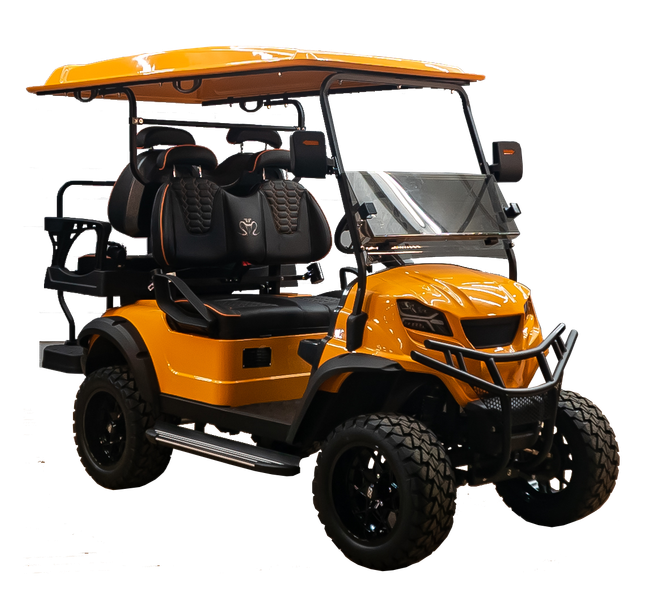 A orange golf cart with black seats on a white background.