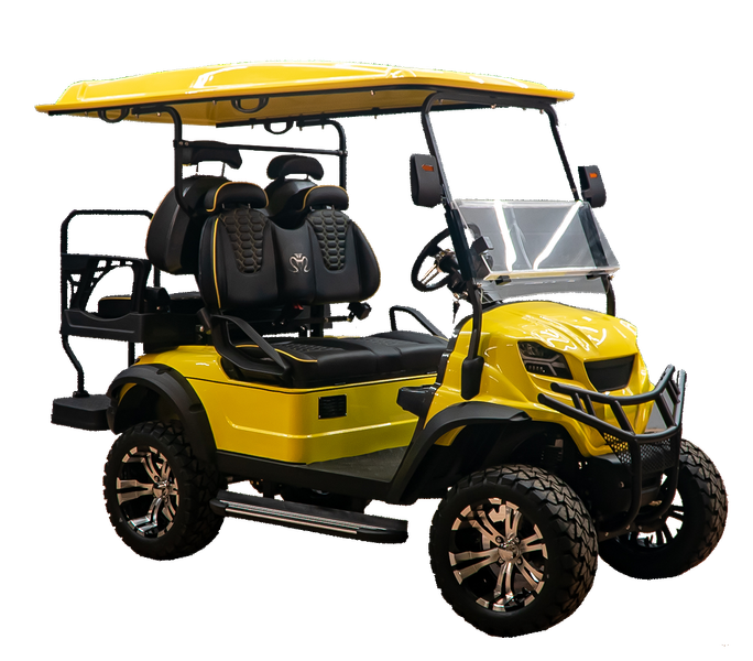 A yellow golf cart with black seats on a white background.