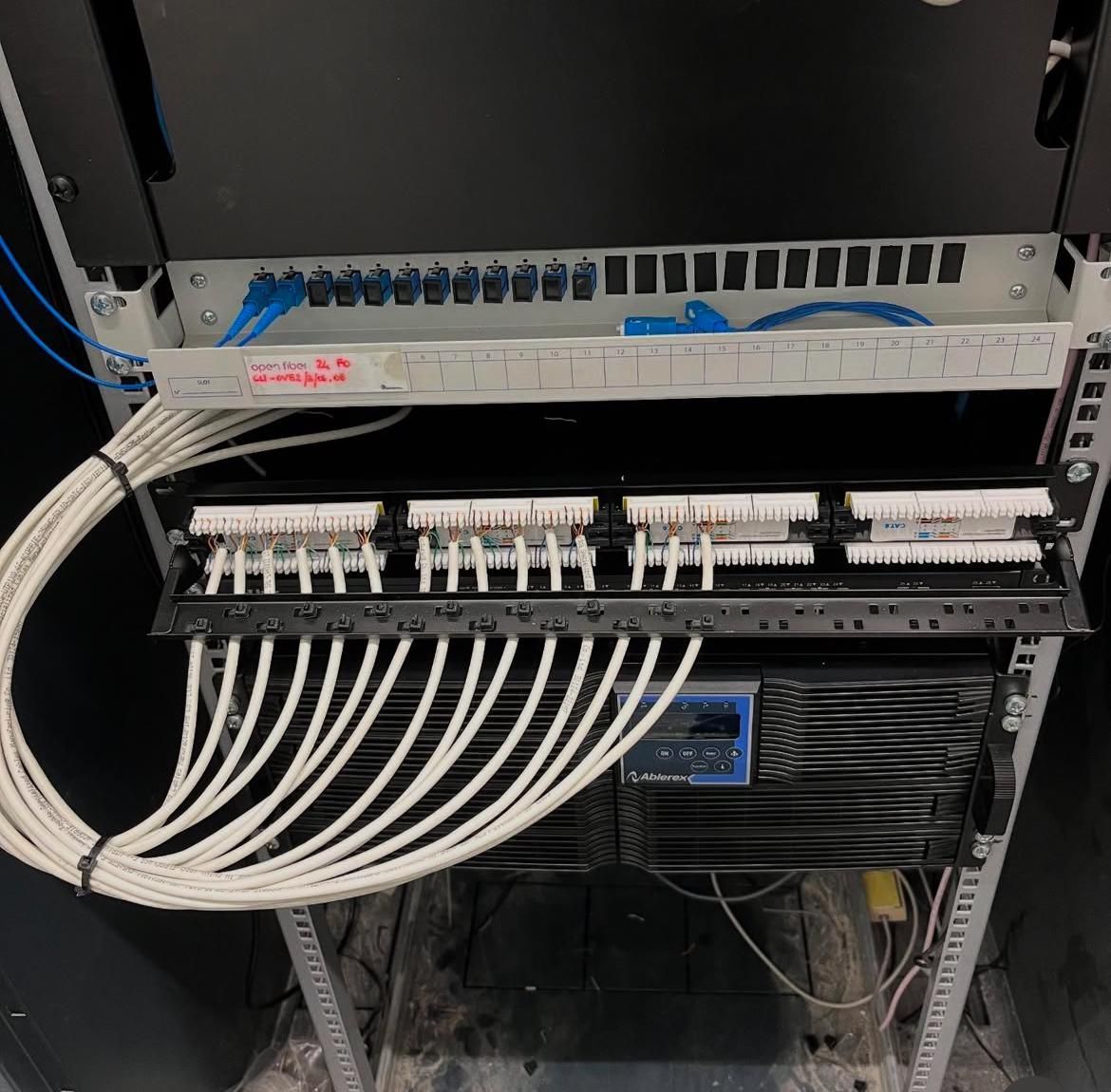 Rack per server contenente switch di rete, pannello di permutazione e unità di distribuzione dell'alimentazione con cavi collegati.