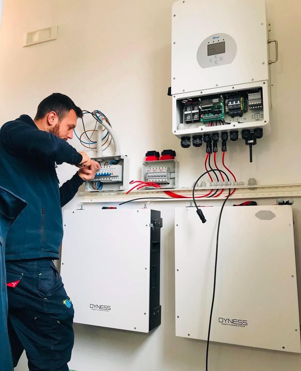 Pannello di controllo del sistema di sicurezza bianco con componenti elettronici e cablaggio.