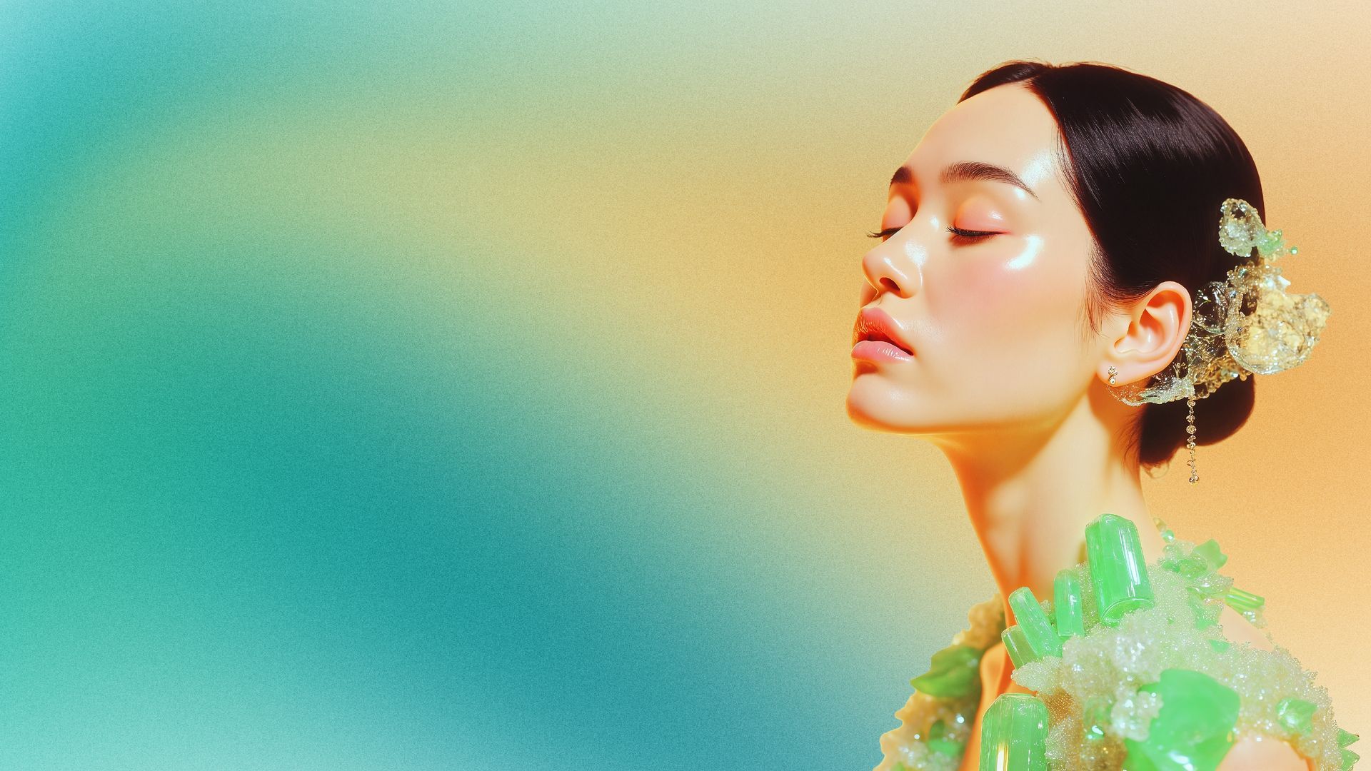 Woman with eyes closed, wearing a green jeweled garment and floral hairpiece, against a teal and gold background.