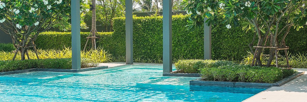 A turquoise pool with lush green plants and trees, framed by concrete pillars and a dense hedge.
