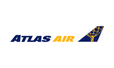 A blue and yellow atlas air logo on a white background
