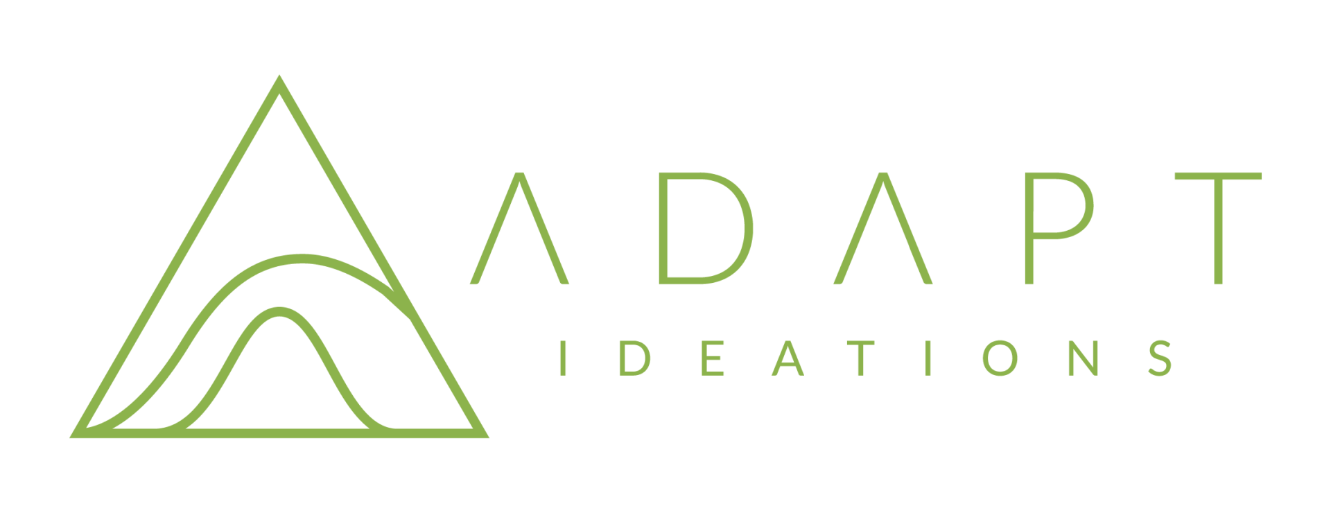 A logo for adapt ideas with a green triangle on a white background.