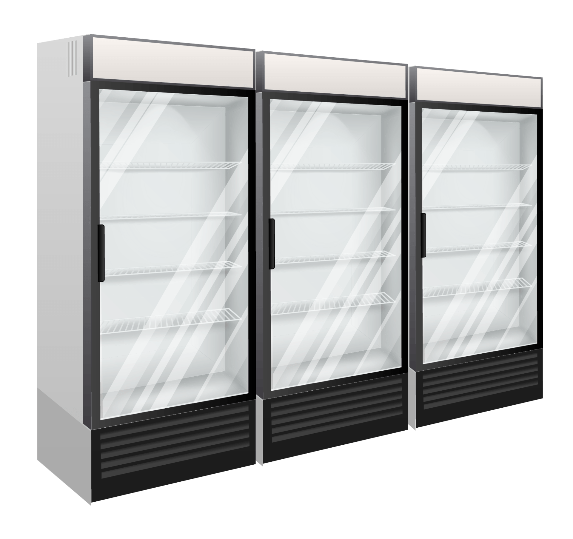 Three refrigerators with glass doors are lined up next to each other on a white background.