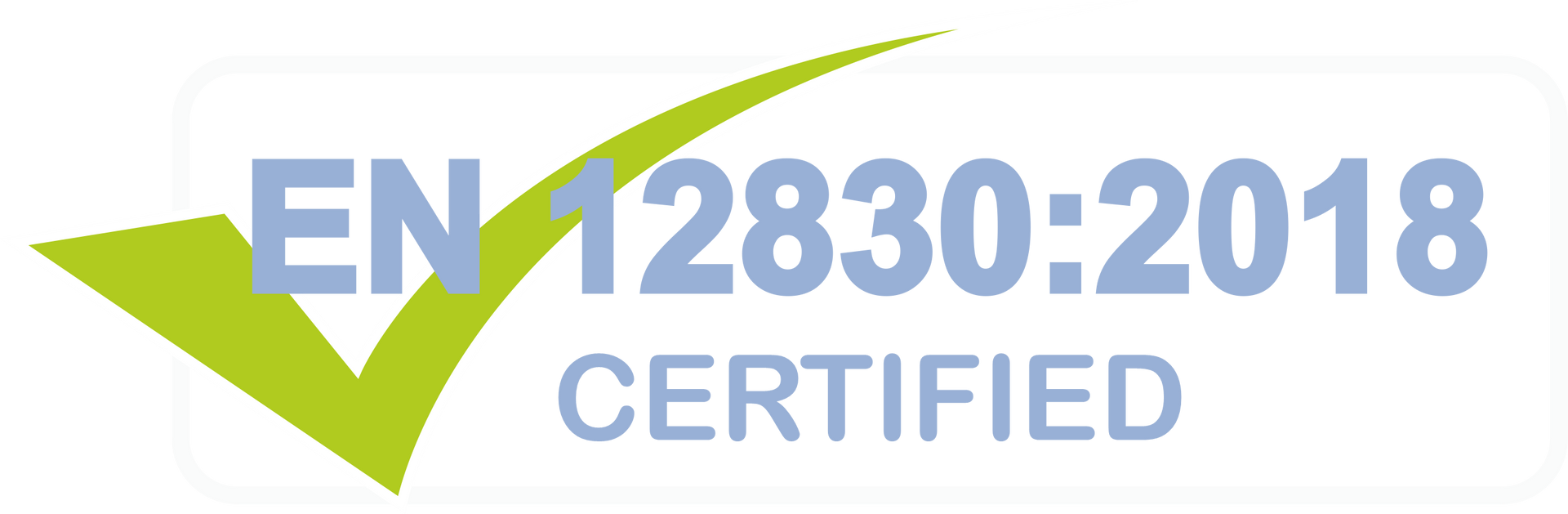 A logo that says en 12830 : 2018 certified with a green check mark.