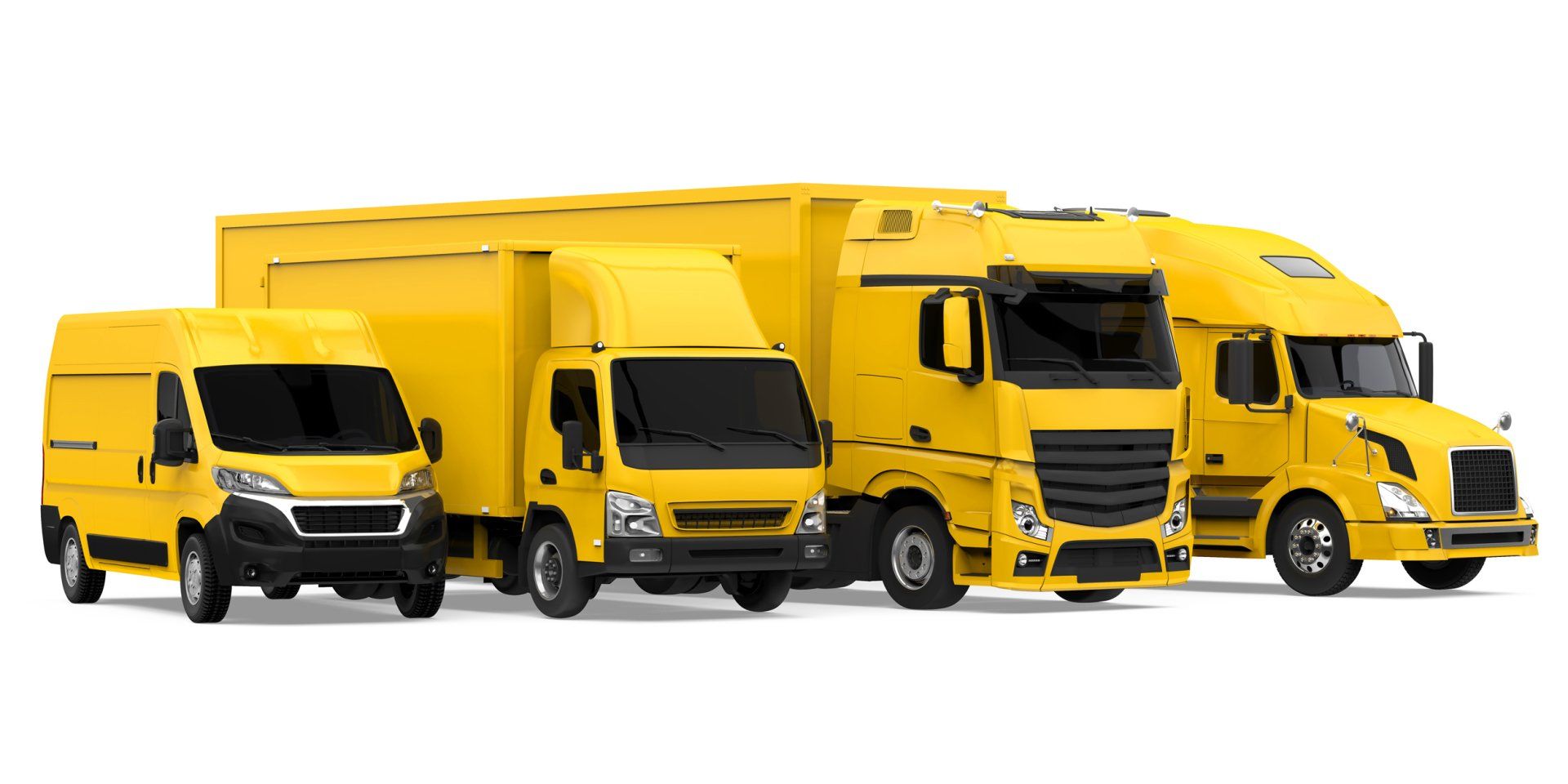 A group of yellow trucks and vans are parked next to each other on a white background.