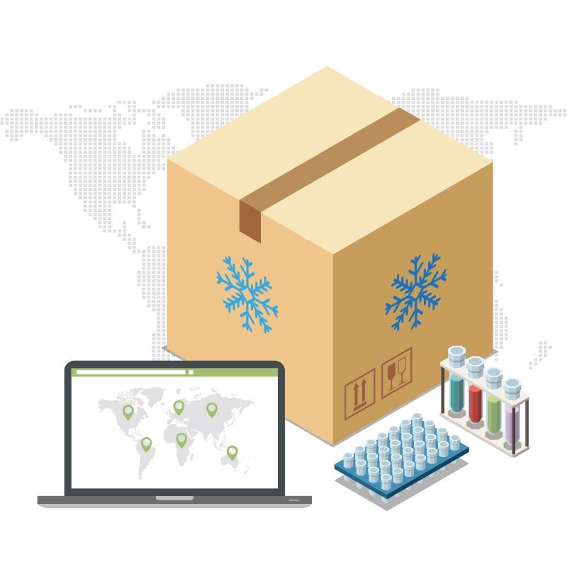 A cardboard box with snowflakes on it is sitting next to a laptop and test tubes.