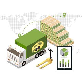 An isometric illustration of a warehouse with a truck , pallet jack , and a tablet.