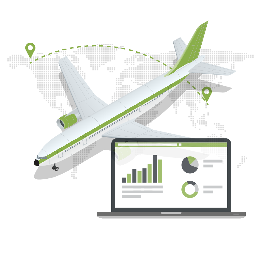 An airplane is flying over a laptop with a graph on it.