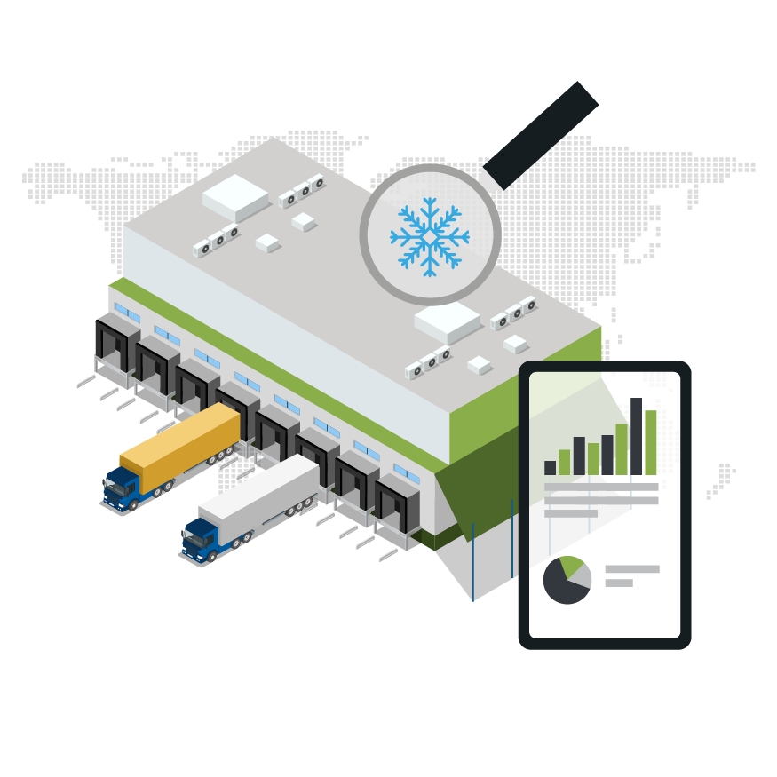 An isometric illustration of a warehouse with trucks and a magnifying glass.