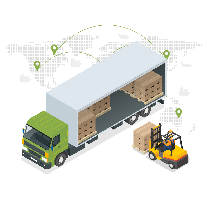 An isometric illustration of a truck and a forklift.