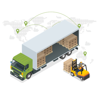 An isometric illustration of a truck and a forklift.