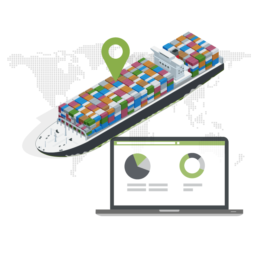 An isometric illustration of a container ship next to a laptop computer.