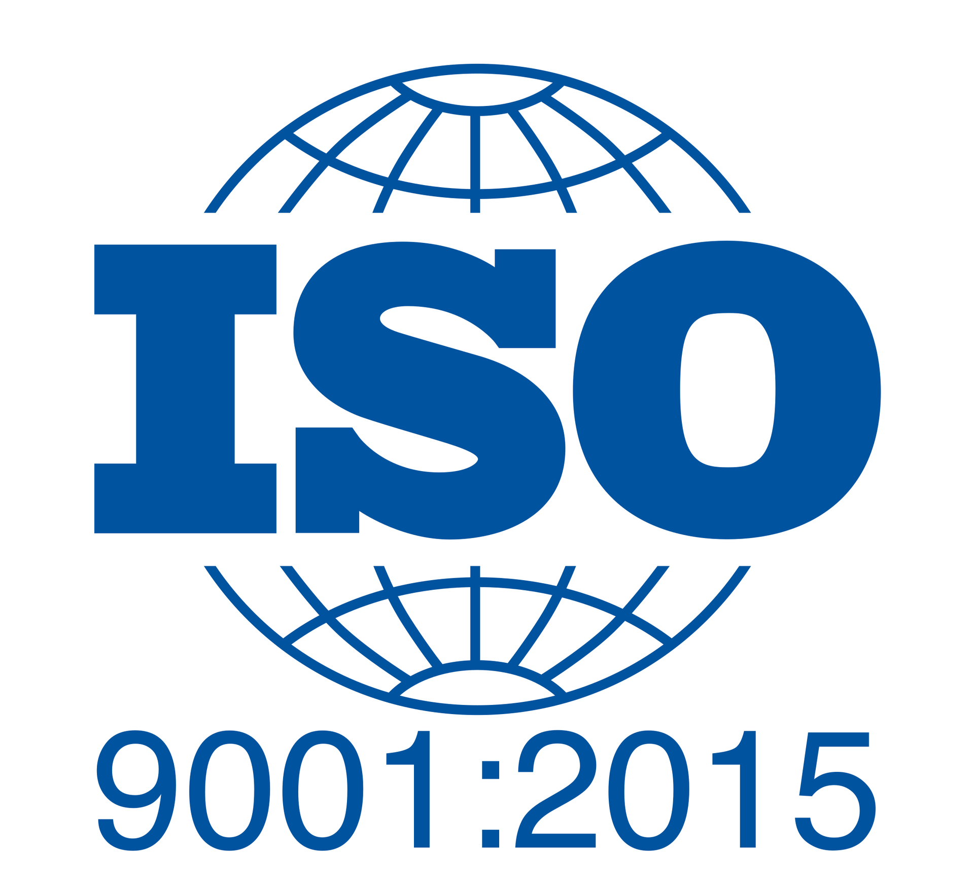 A blue iso logo with a globe in the middle