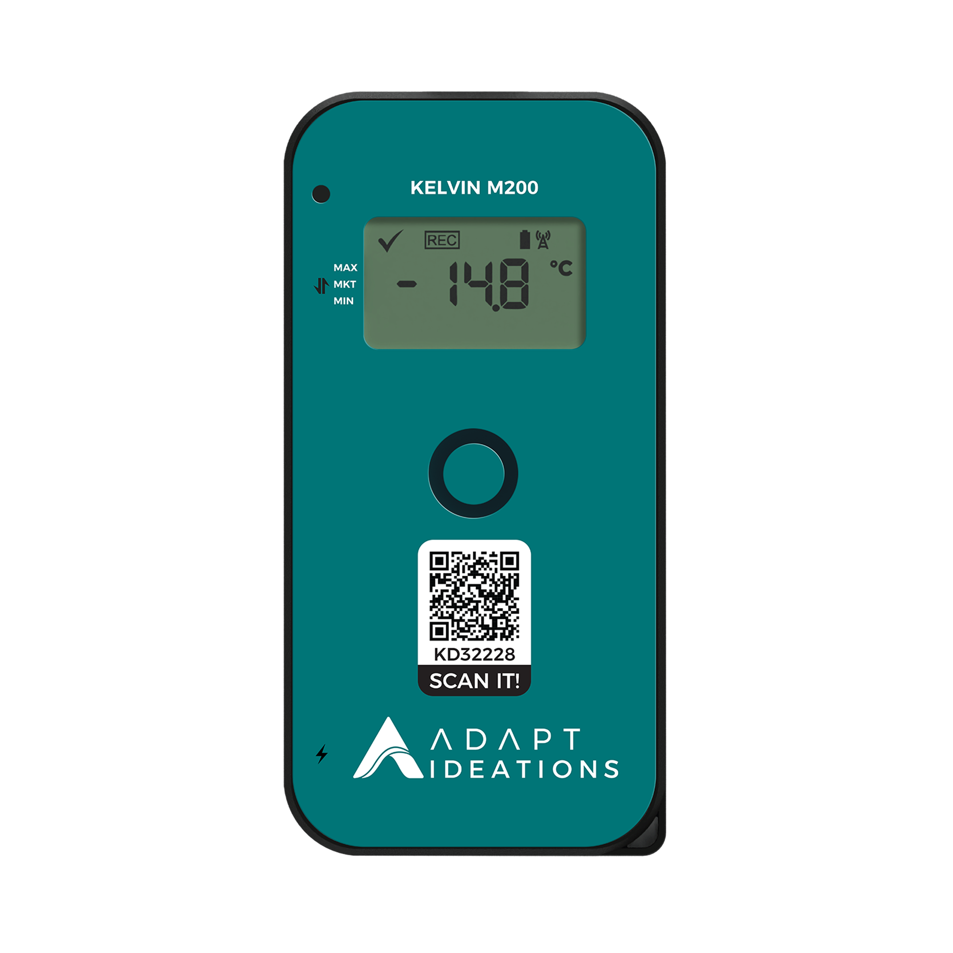 A green and white data logger device with a qr code on it.