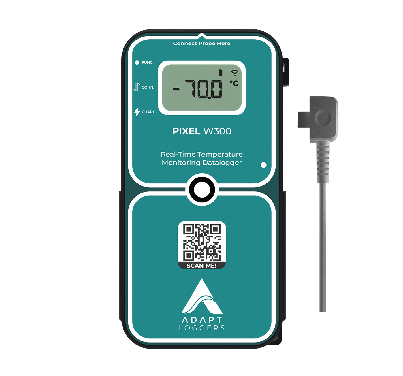 A digital Pixel data logger thermometer with a qr code on the screen.