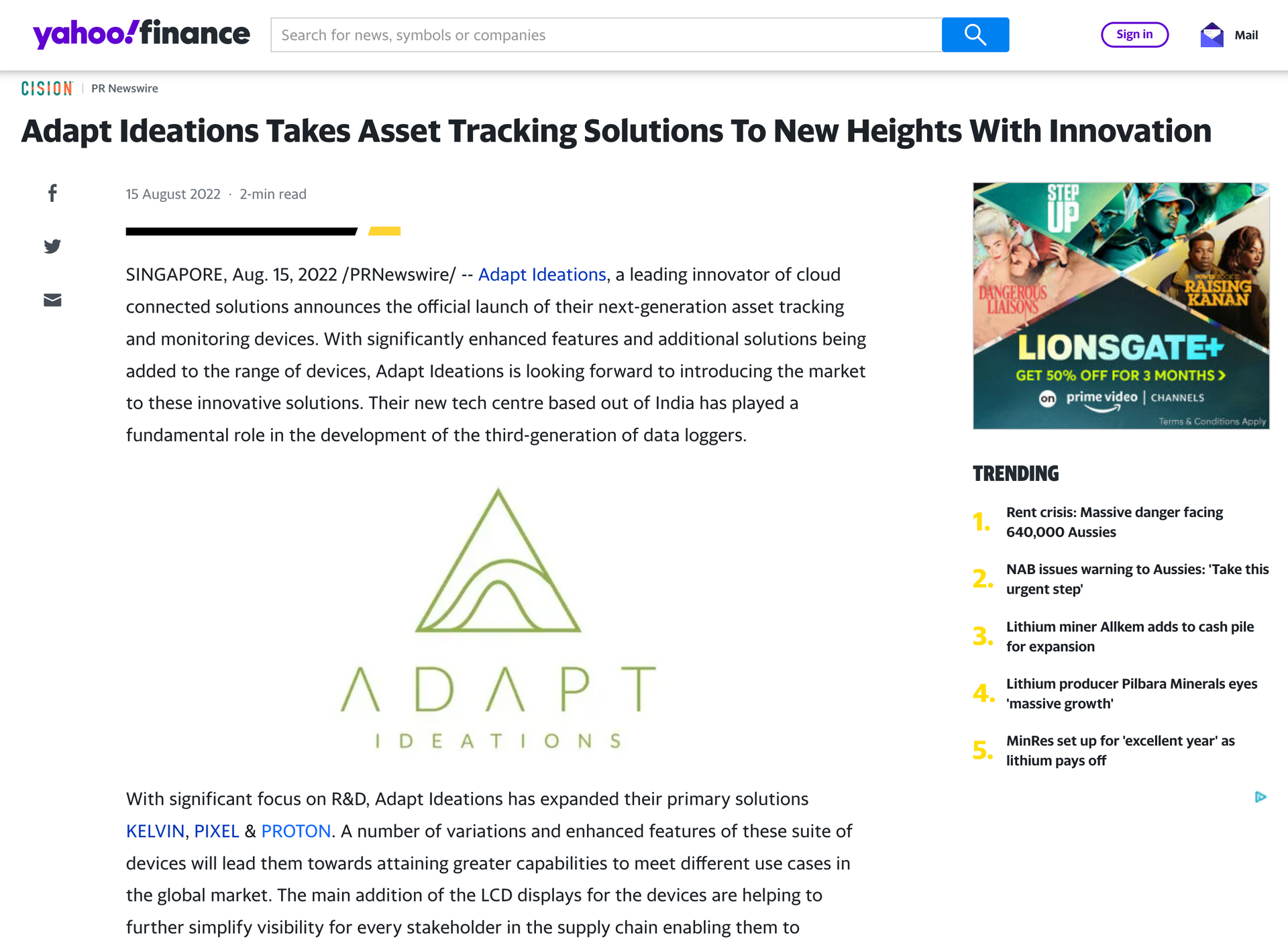A screenshot of a yahoo finance article about adapt ideas taking asset tracking solutions to new heights with innovations.