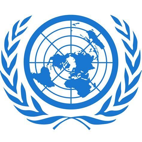 A blue and white logo for the united nations with a globe and laurel wreath