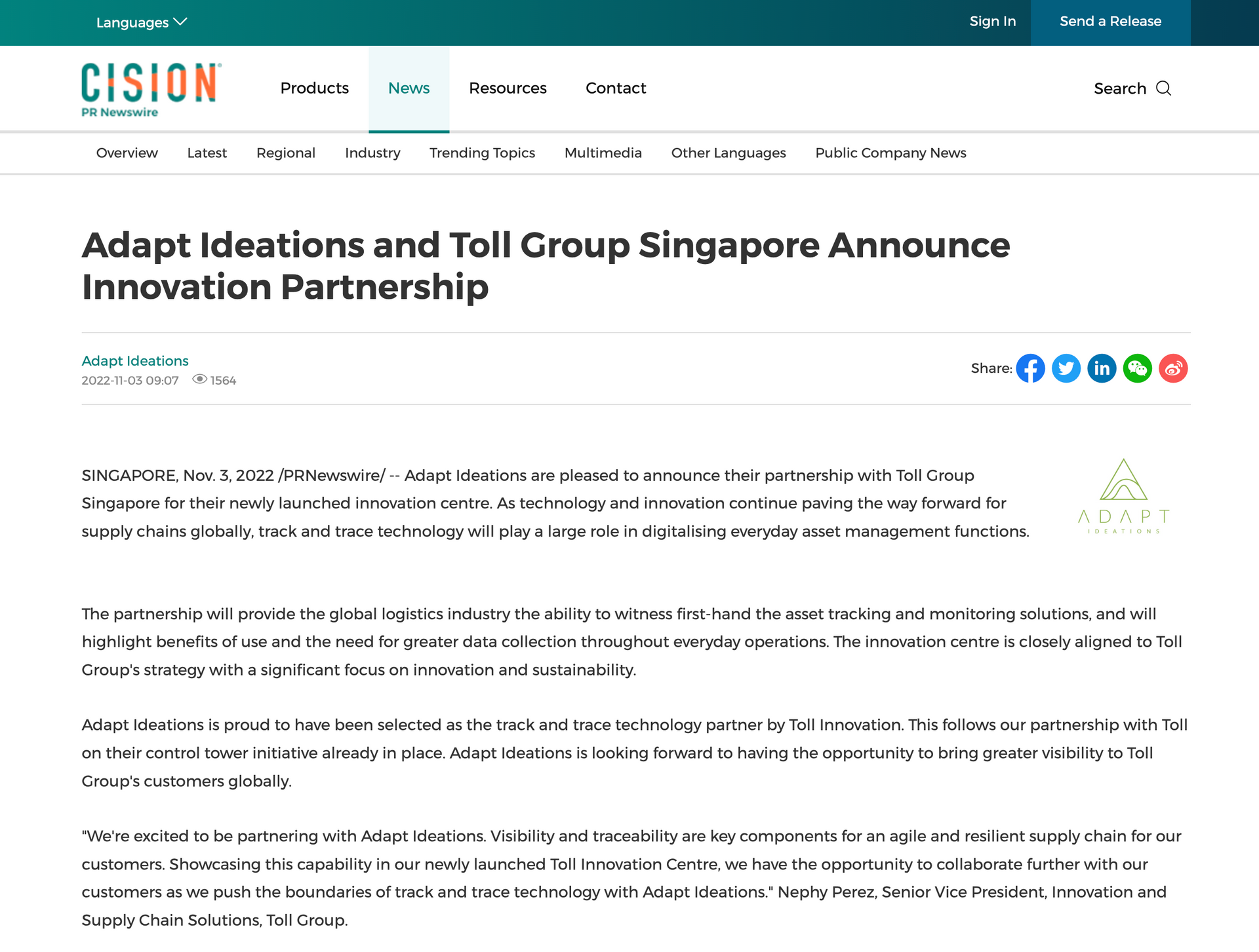 A screenshot of a website that says `` adapt ideations and toll group singapore announce innovation partnership ''.