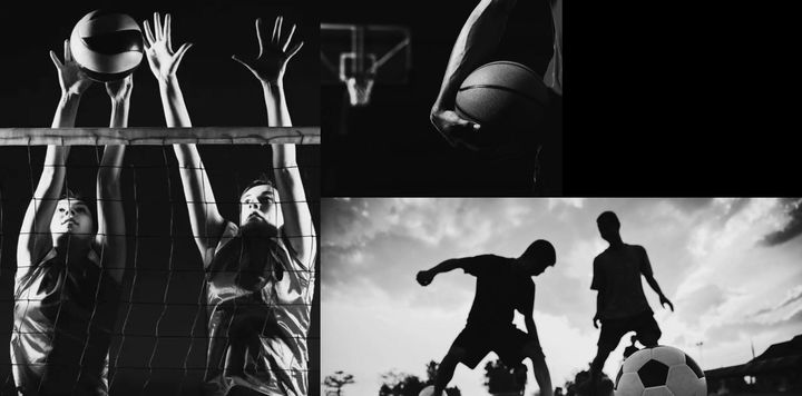 Black-and-white collage of athletes training and sparring in a gym and on a court