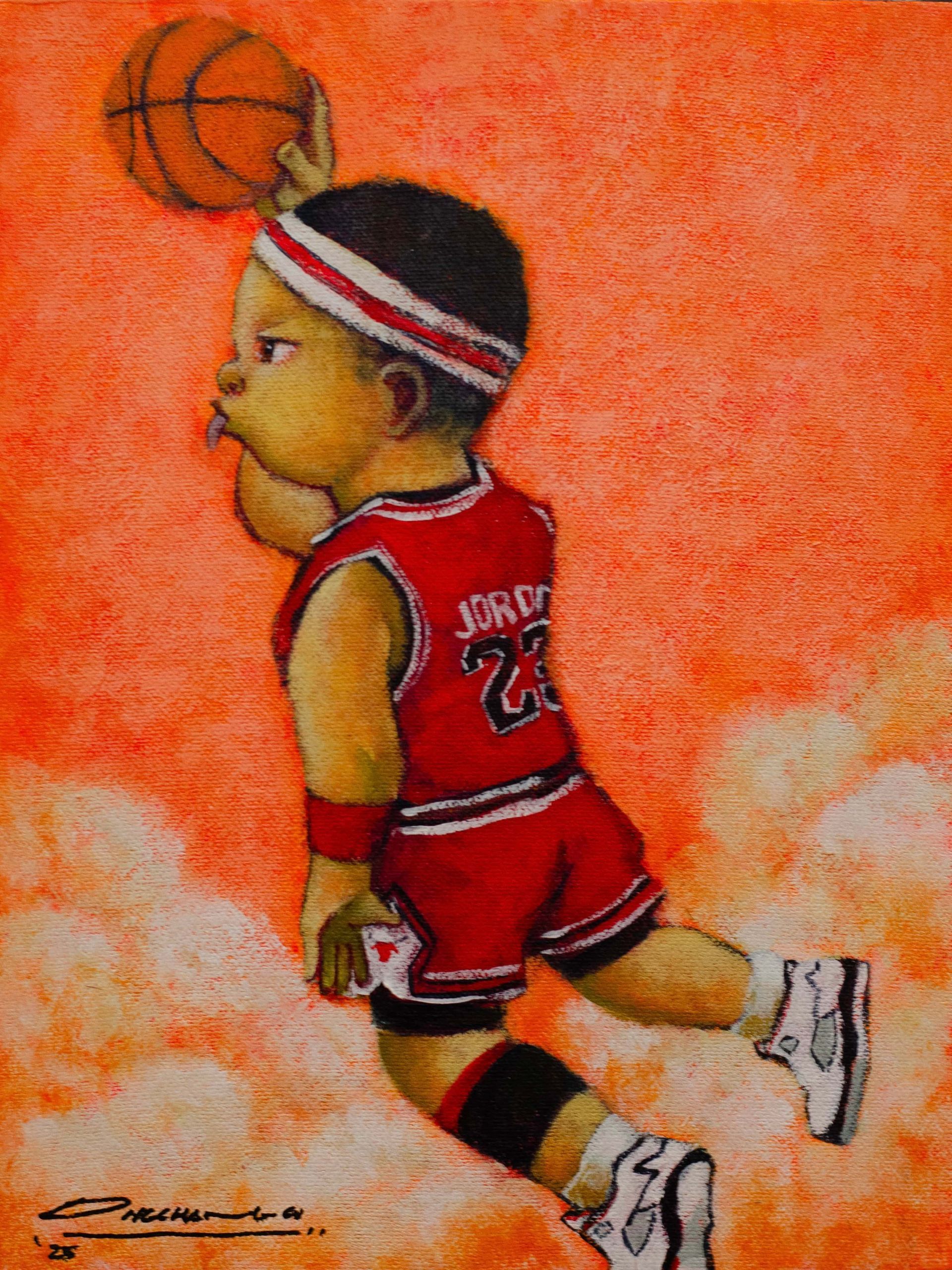 Young child in a Michael Jordan jersey, dribbling a basketball against an orange background.