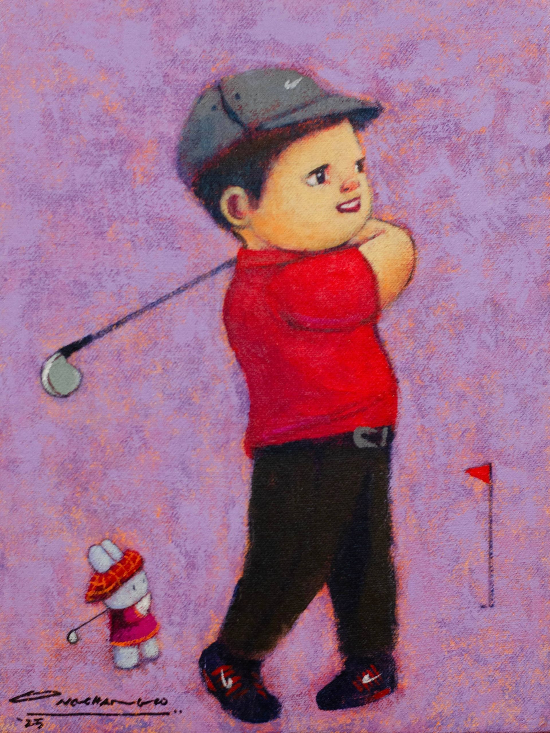 A child wearing a red shirt and a golf hat swings a golf club. A toy bunny also golfs nearby.