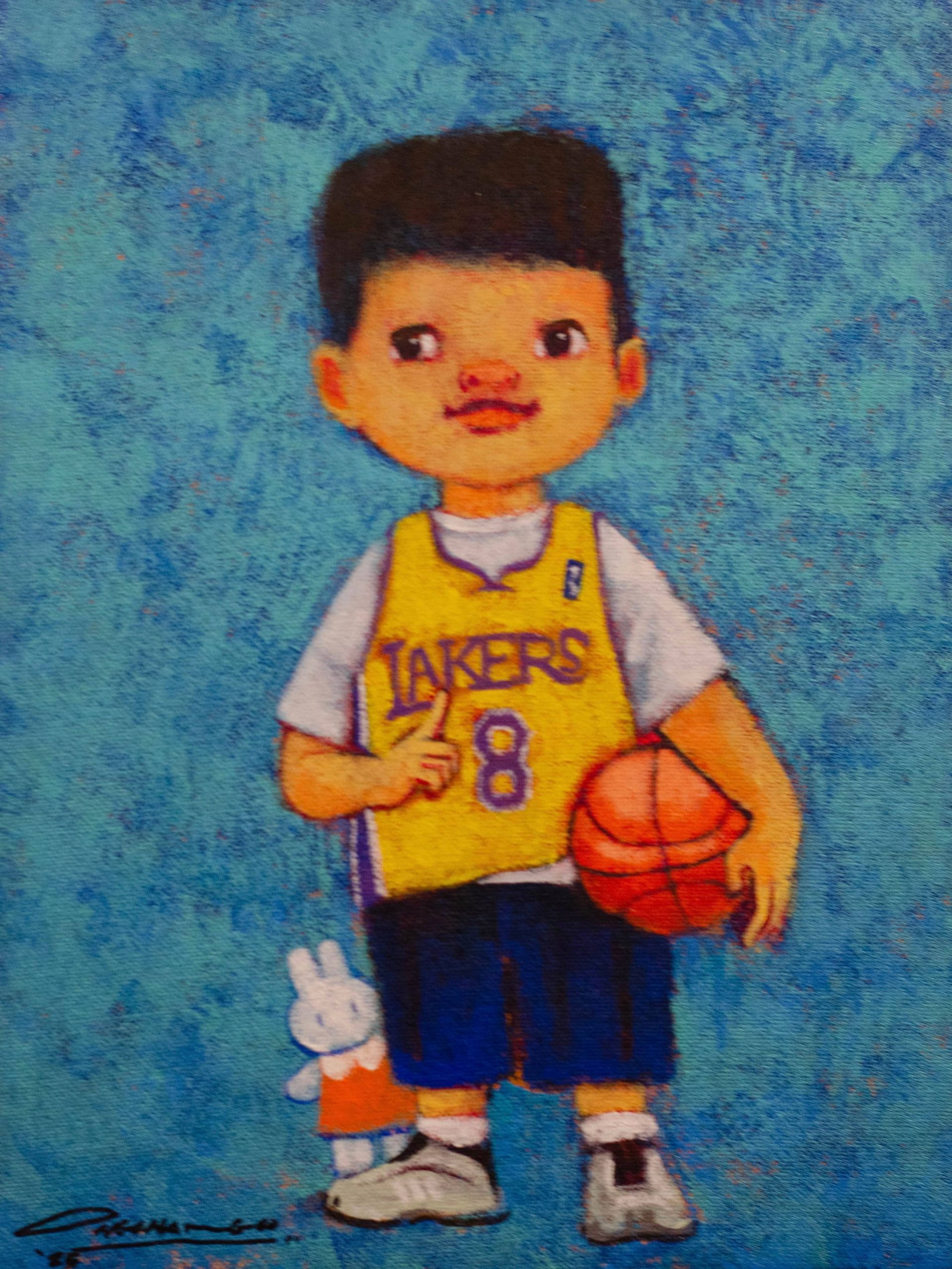 Boy in Lakers jersey holds a basketball, with a small stuffed bunny toy.