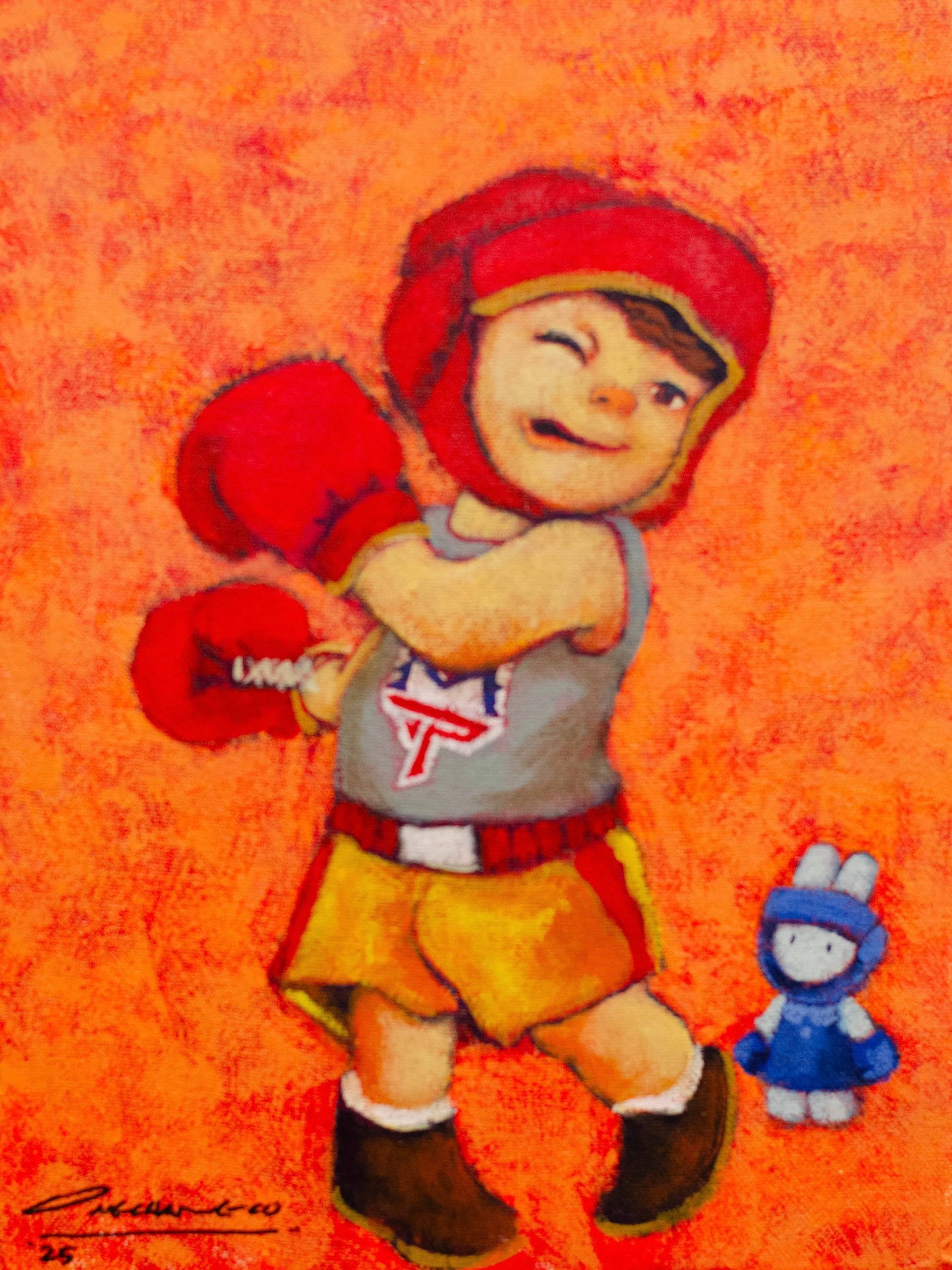 Boxer in red helmet and gloves with a toy.