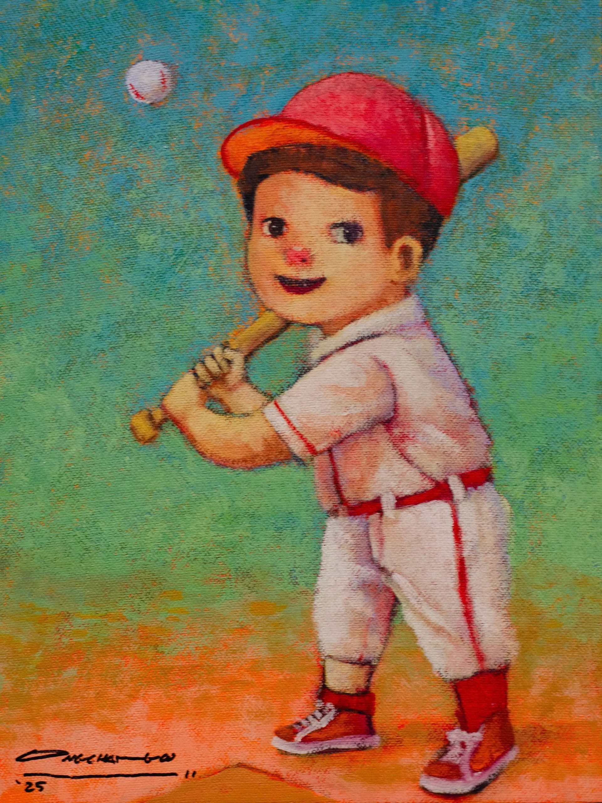 Boy in red baseball uniform, ready to swing at a ball.