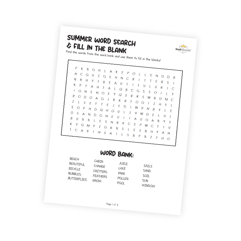 A summer word search and fill in the blank worksheet