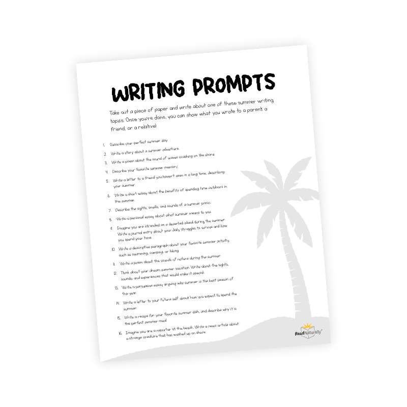 A sheet of paper with writing prompts and a palm tree on it.