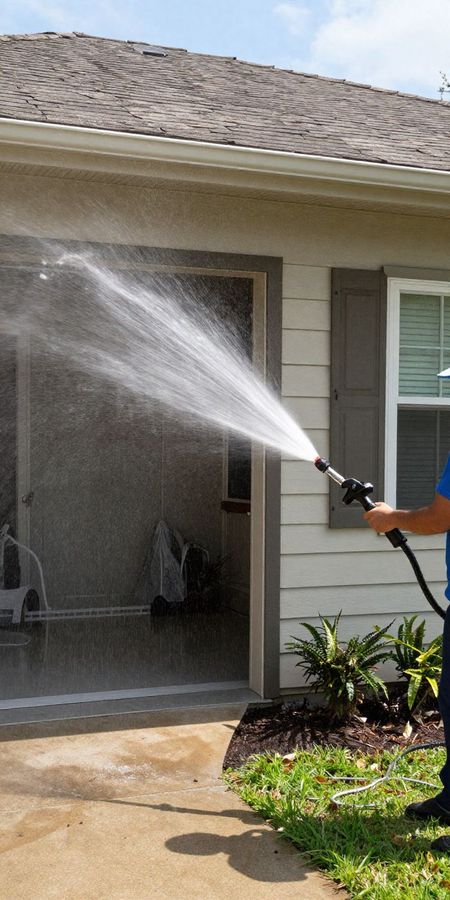 A person uses a hose sprayer to clean the siding of a house.
