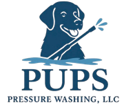 A dark blue logo of a smiling dog holding a pressure washing wand, with