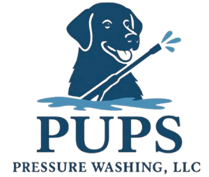 Logo for PUPS Pressure Washing, LLC, featuring a dark blue dog holding a spray wand above blue water.