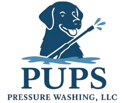A dark blue logo featuring a happy dog holding a pressure washer, with the text