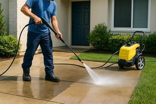 A person in a blue shirt uses a yellow electric pressure washer to clean a concrete driveway in front of a house.