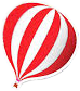 A red and white hot air balloon is flying in the sky.