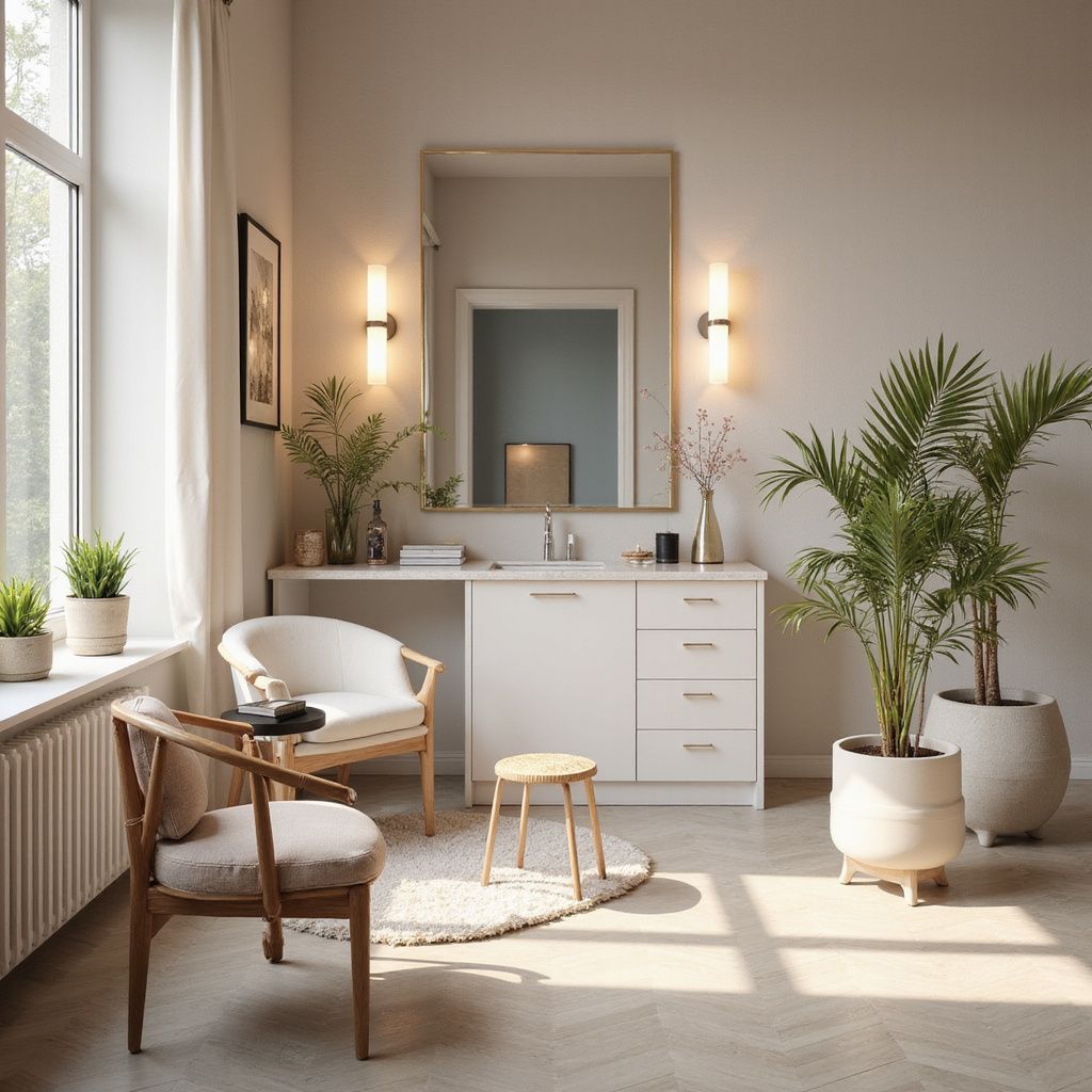 Bathroom with white vanity, mirror, two chairs, plants, and natural light.