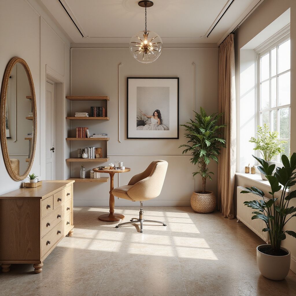Reception area with marble counter, wooden furniture, plants, and large windows.