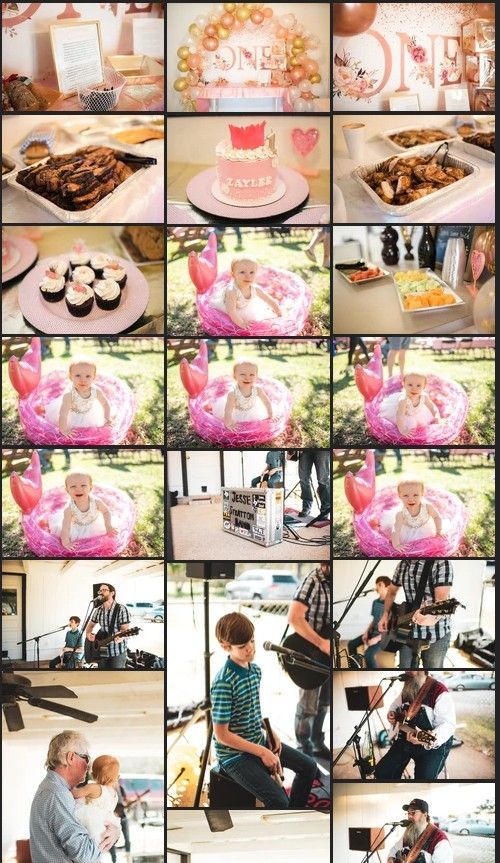 A collage of photos of a baby 's first birthday