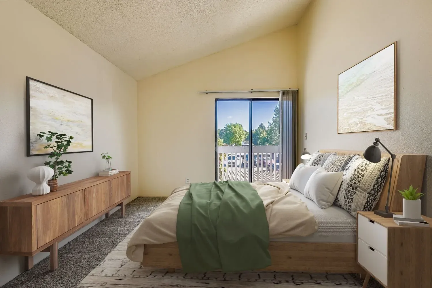 Bedroom with a king-size bed, wooden dresser, and balcony access.