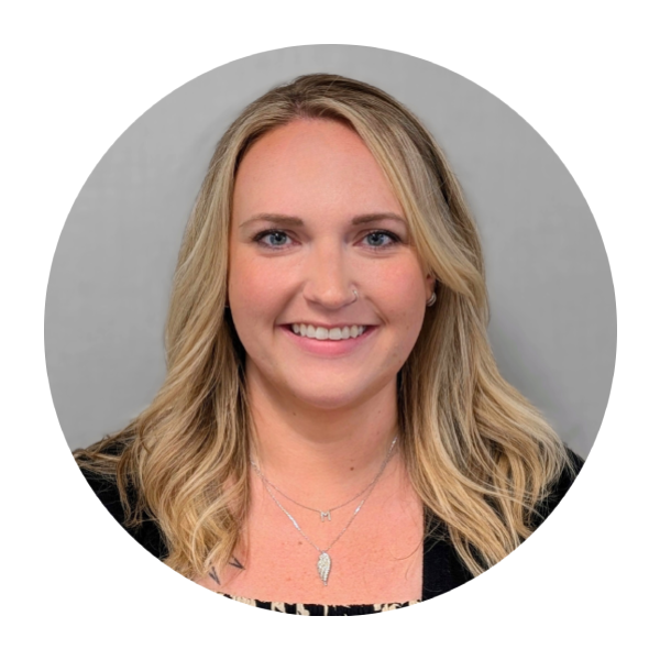 A woman with long blonde hair is smiling in a circle.