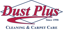 The logo for dust plus cleaning and carpet care since 1998.