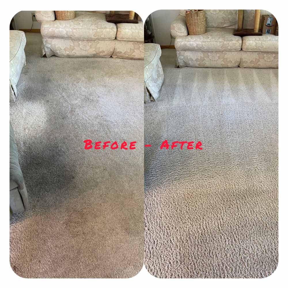 A before and after photo of a carpet in a living room.