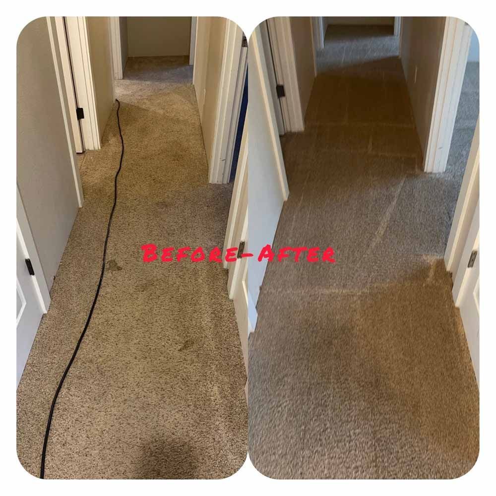 A before and after photo of a hallway carpet being cleaned.