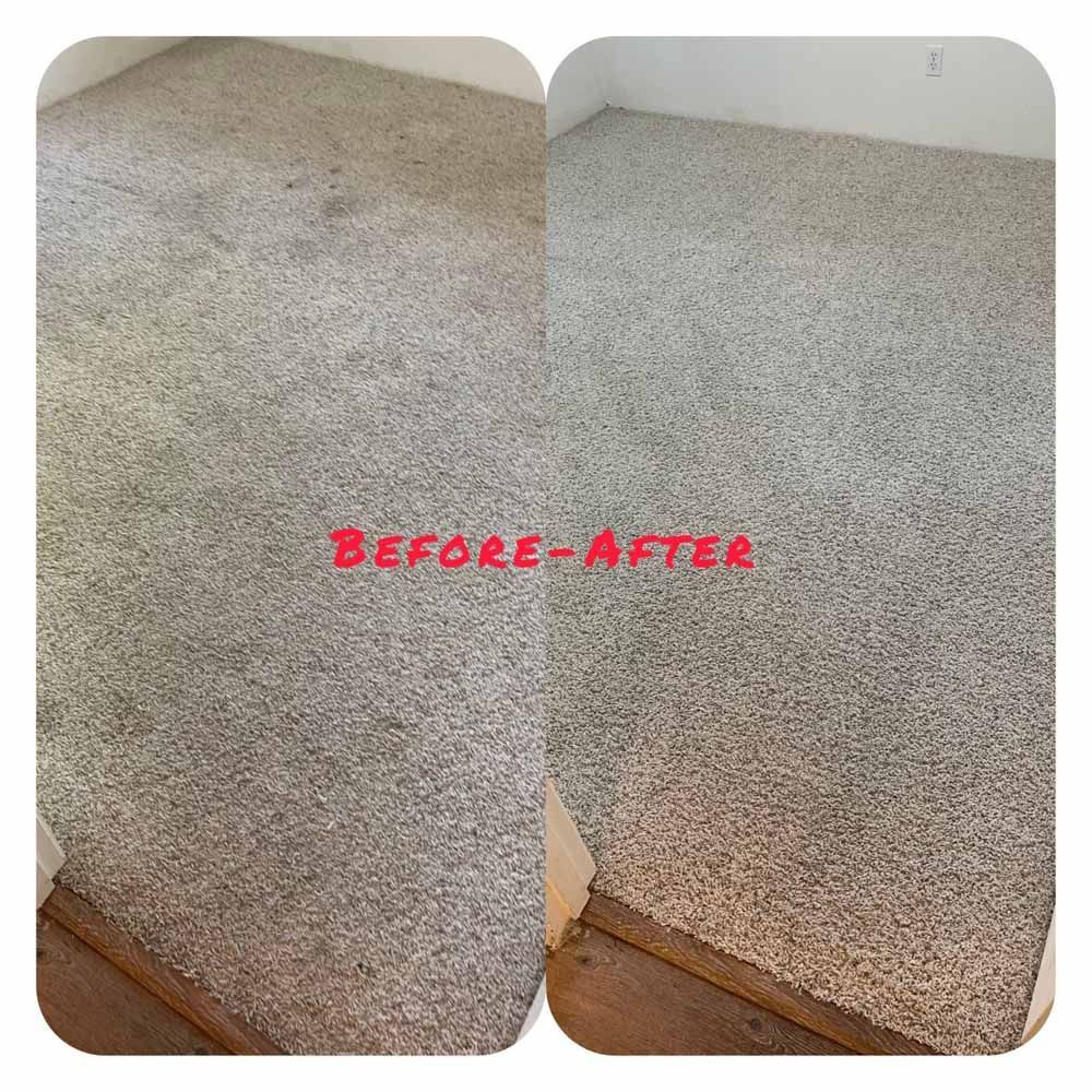 A before and after photo of a carpet in a room