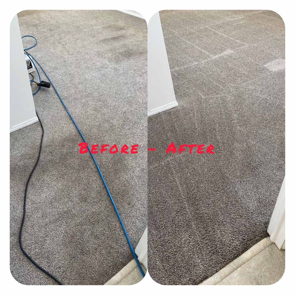 A before and after photo of a carpet being cleaned.