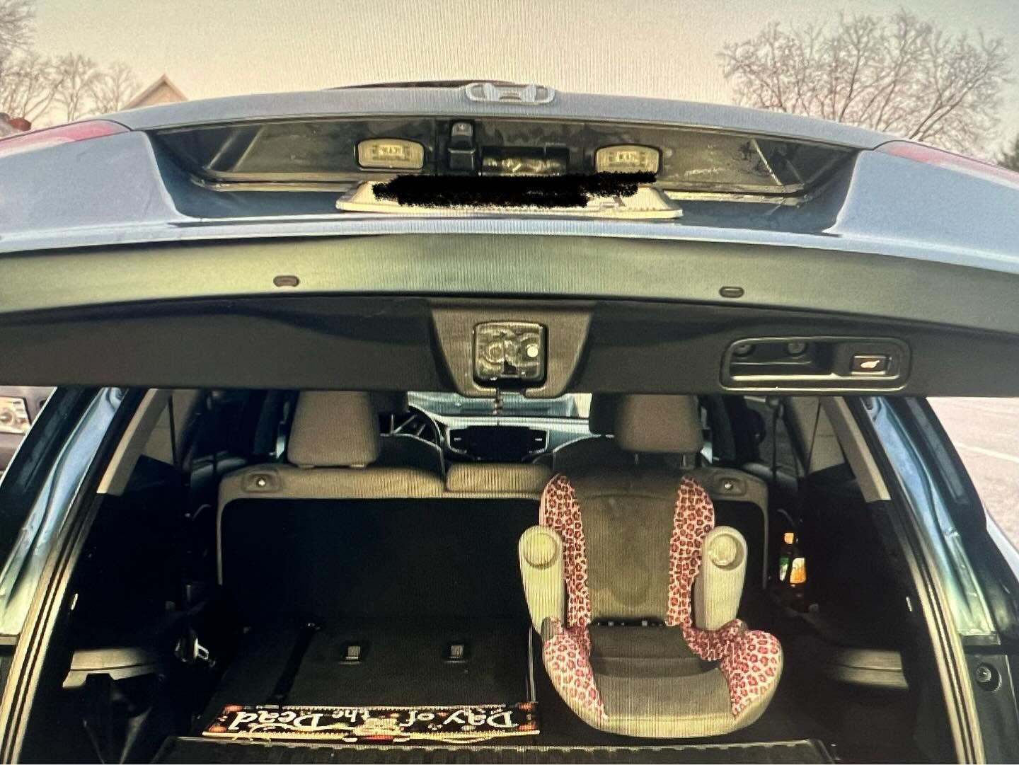 The back of a car with a child seat in it